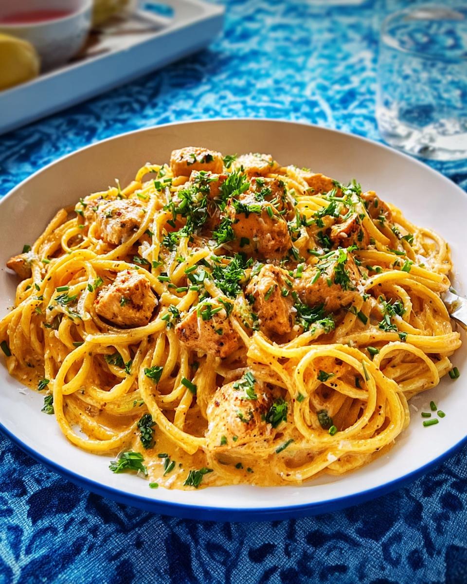 A close-up of Cowboy Butter Chicken Pasta, featuring spaghetti coated in a creamy sauce with chunks of chicken and fresh herbs.