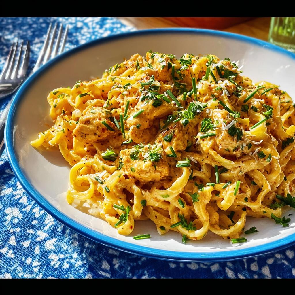 A close-up of a creamy Cowboy Butter Chicken Pasta, garnished with fresh chives and grated cheese.