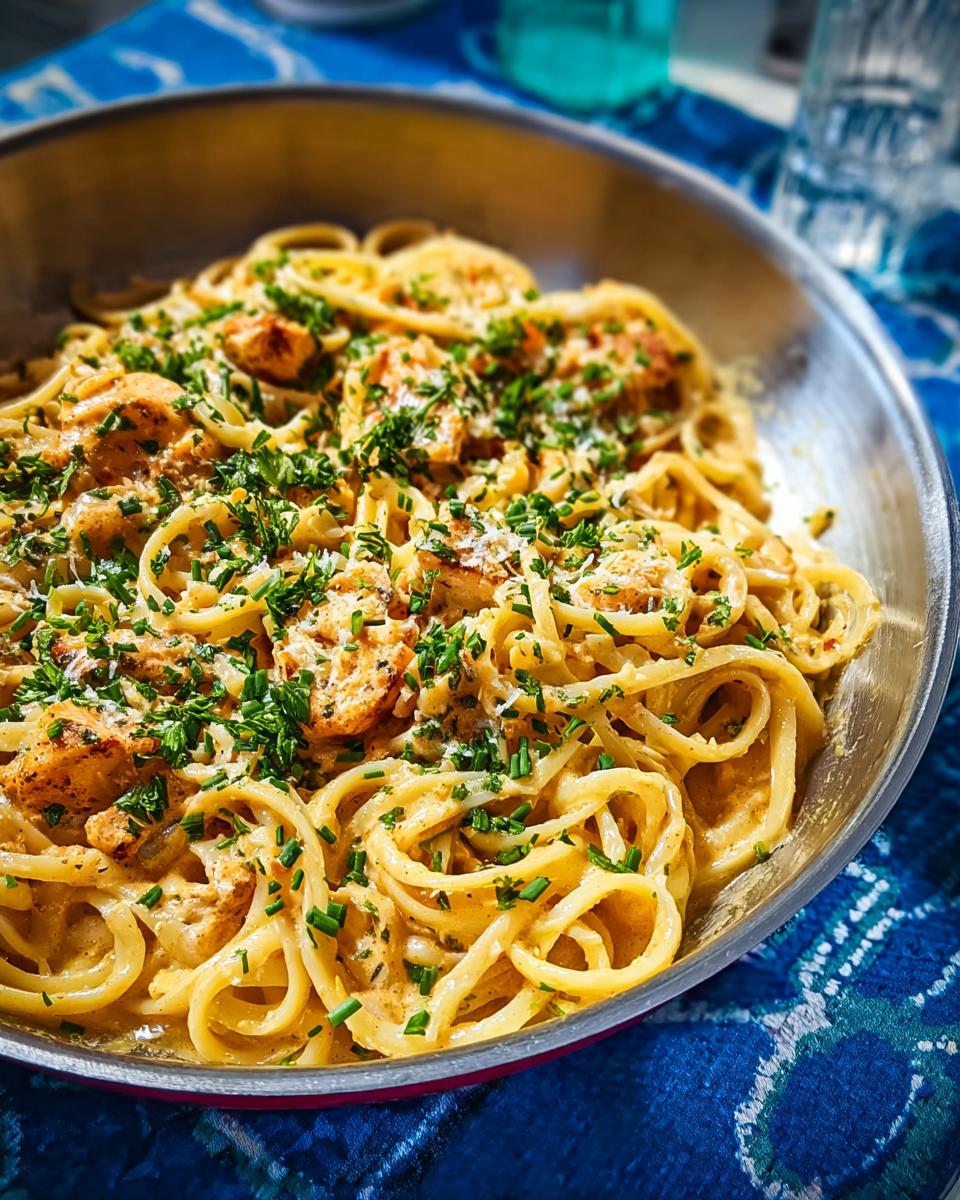 A close-up of Cowboy Butter Chicken Pasta served in a skillet, garnished with fresh herbs.