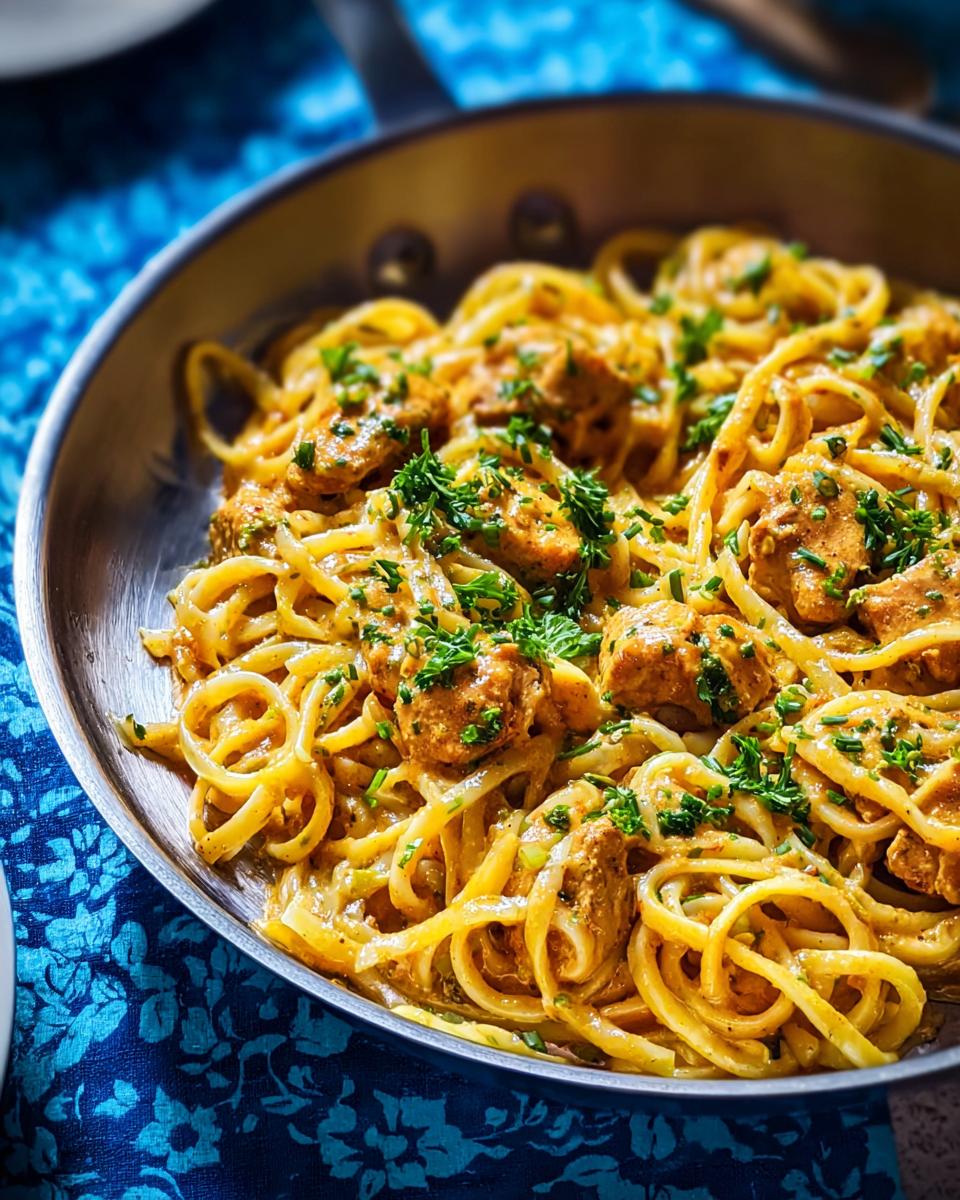 Close-up of Cowboy Butter Chicken Pasta with tender chicken pieces and creamy sauce in a skillet, garnished with fresh herbs.