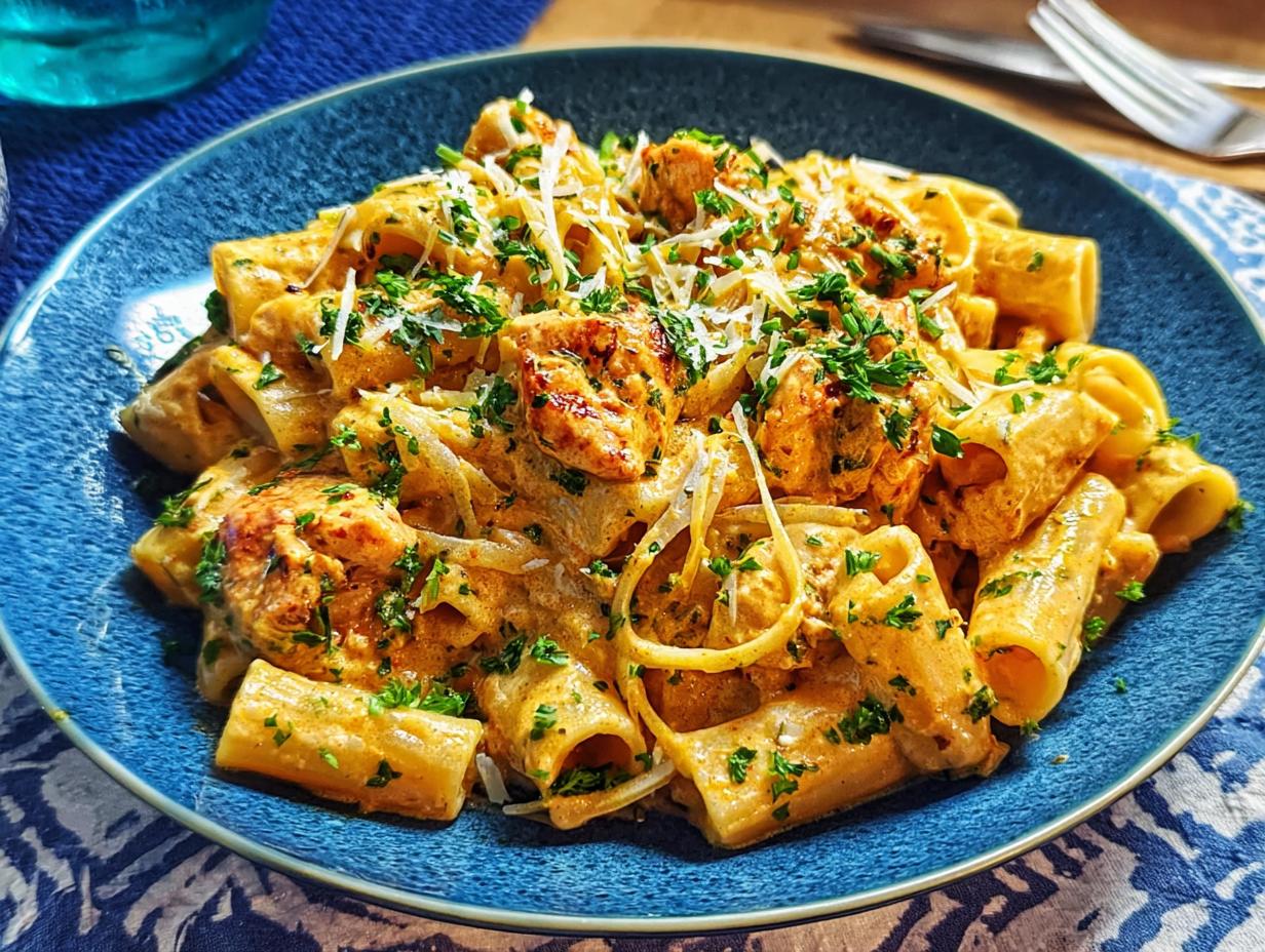 A close-up of Cowboy Butter Chicken Pasta, featuring rigatoni pasta in a creamy orange sauce with chicken pieces and parsley.