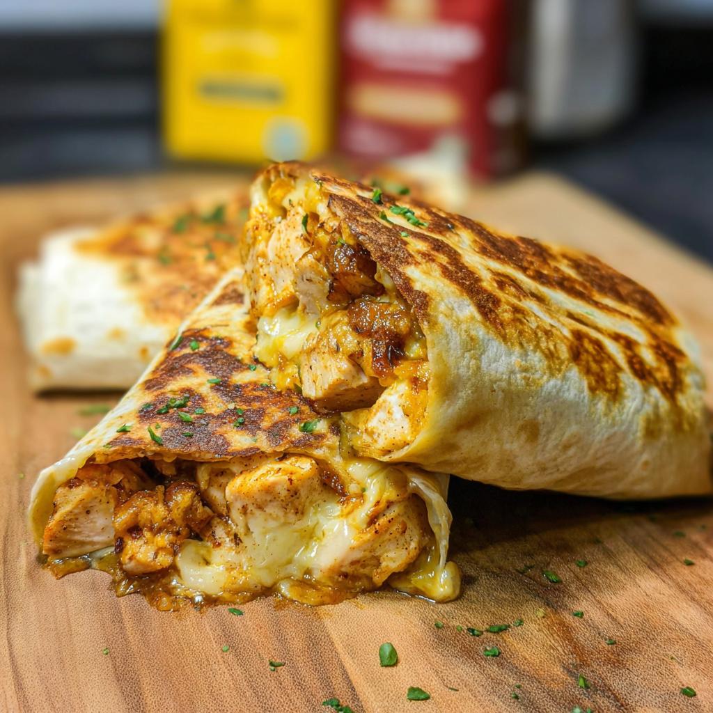 Close-up of Cozy Cheesy Garlic Chicken Wraps cut in half, showing melted cheese and seasoned chicken.