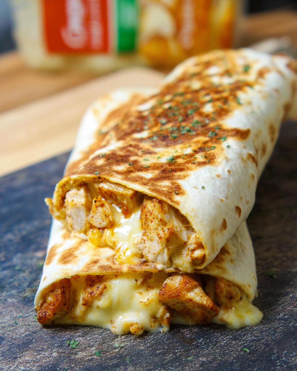 Close-up of Cozy Cheesy Garlic Chicken Wraps, showing melted cheese and seasoned chicken pieces spilling out.