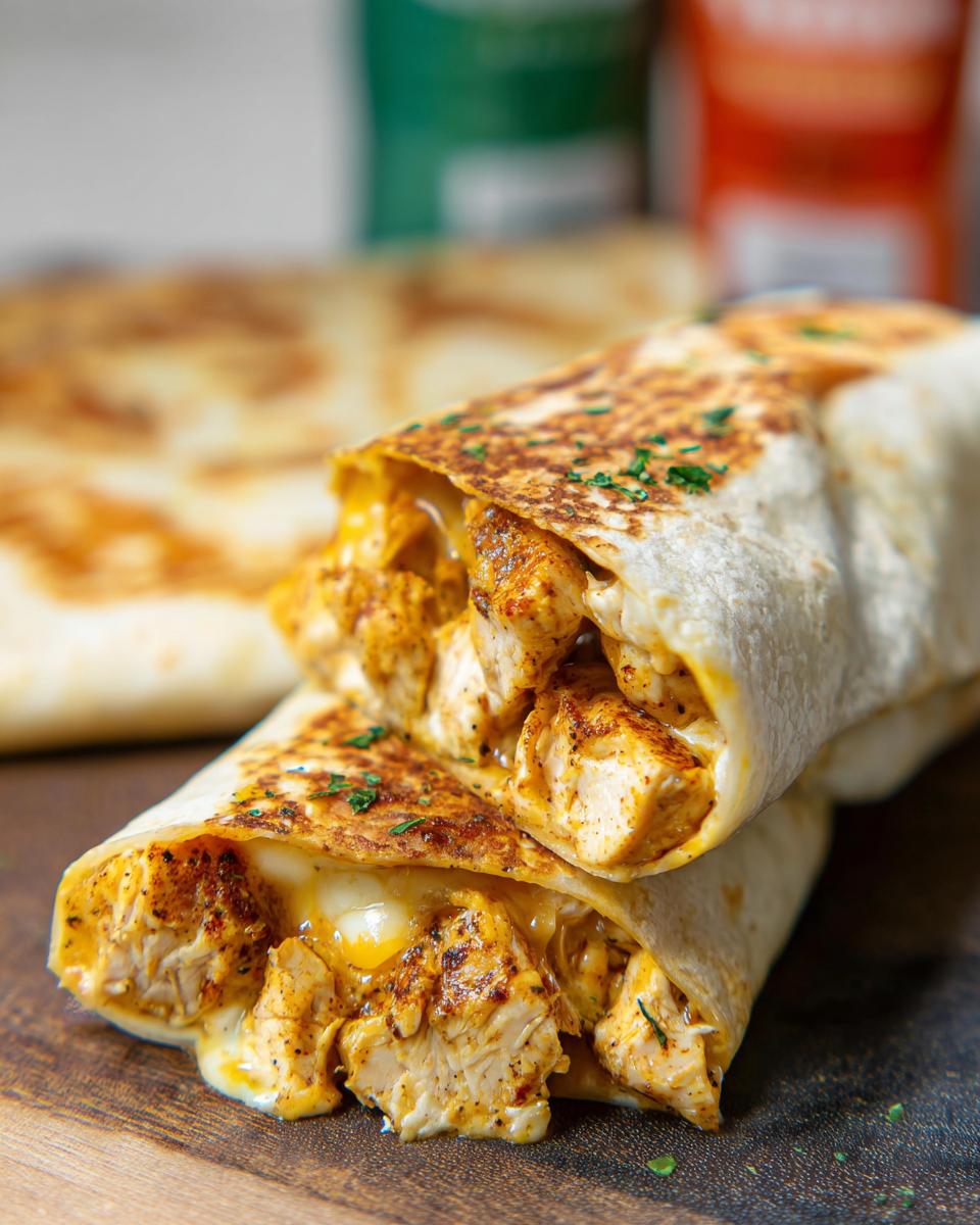 Close-up of Cozy Cheesy Garlic Chicken Wraps, showing seasoned chicken and melted cheese spilling out.
