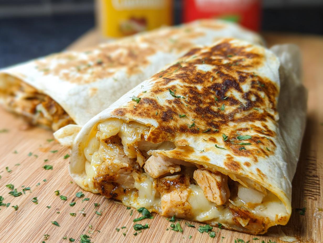 Close-up of two Cozy Cheesy Garlic Chicken Wraps, showing tender chicken and melted cheese spilling out, garnished with parsley.