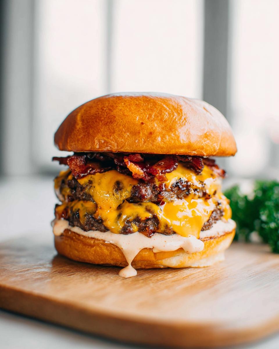 A double patty Crack Burger loaded with melted cheese and crispy bacon on a toasted bun, served on a wooden board.