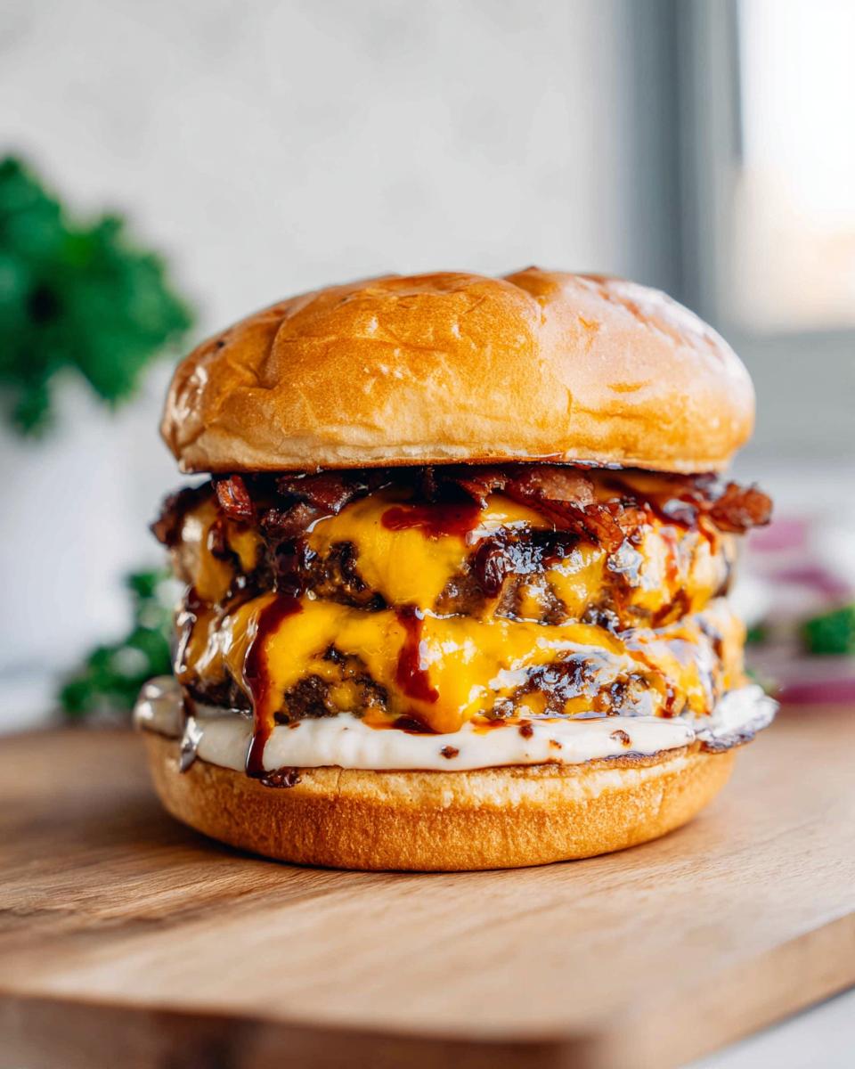 A mouthwatering double patty Crack Burger stacked high with melted cheese, crispy bacon, and a drizzle of sauce.