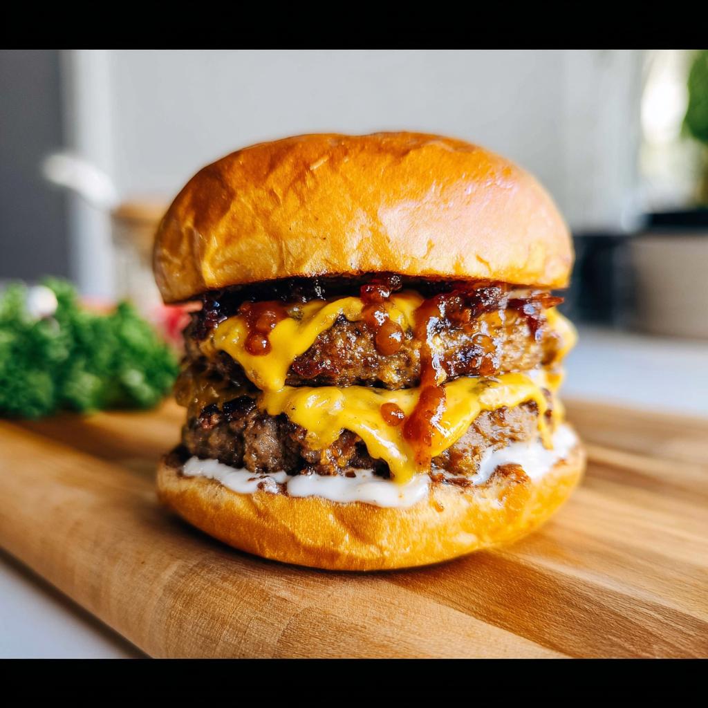 A mouthwatering double patty Crack Burger with melted cheese, sauce, and a brioche bun, served on a wooden board.