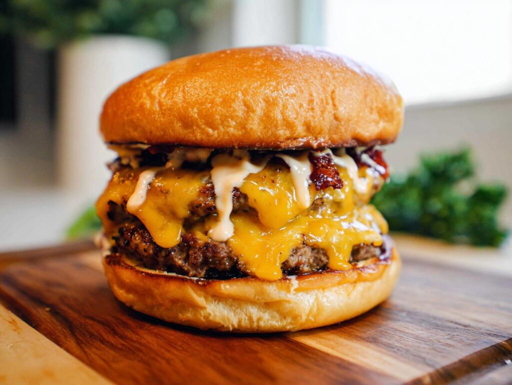 A double patty Crack Burger with melted cheddar cheese, bacon, and sauce on a brioche bun, served on a wooden board.