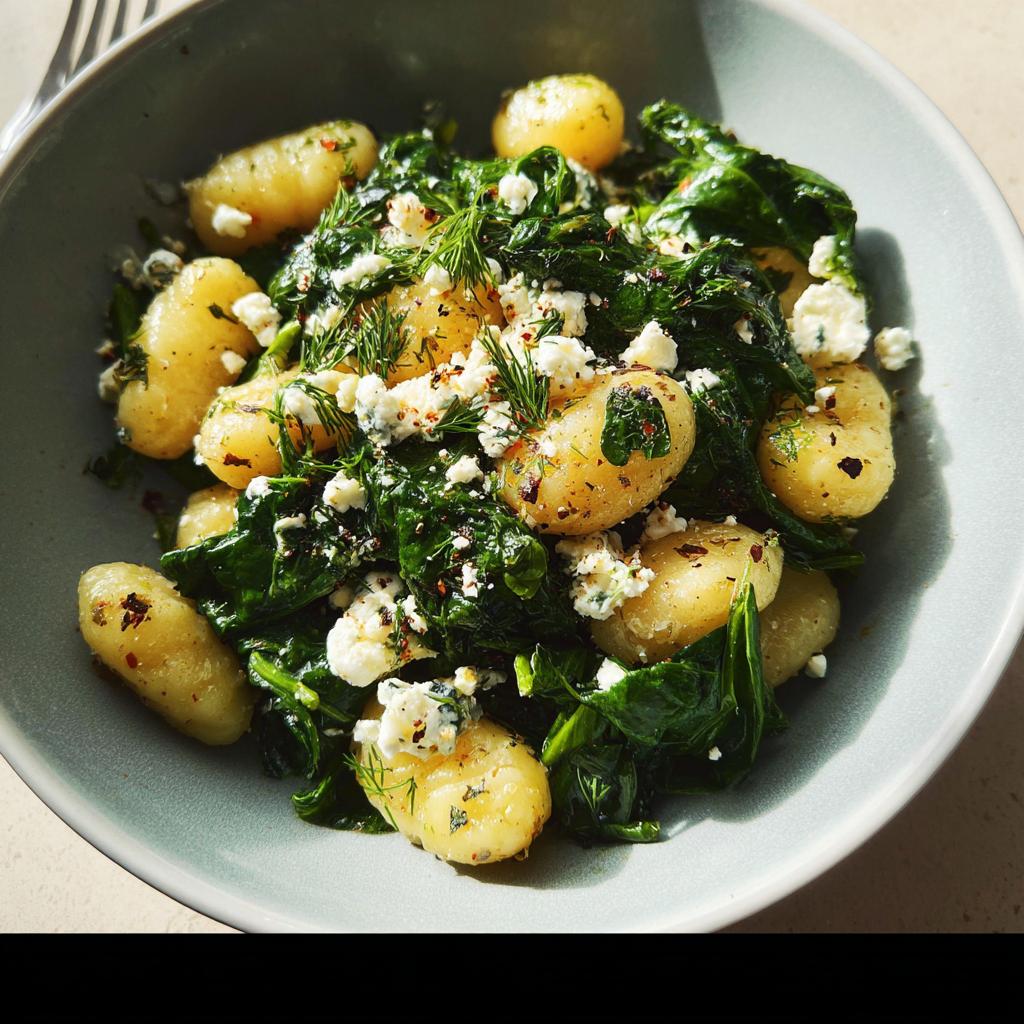A bowl of creamy gnocchi with wilted spinach, crumbled feta cheese, and fresh dill.