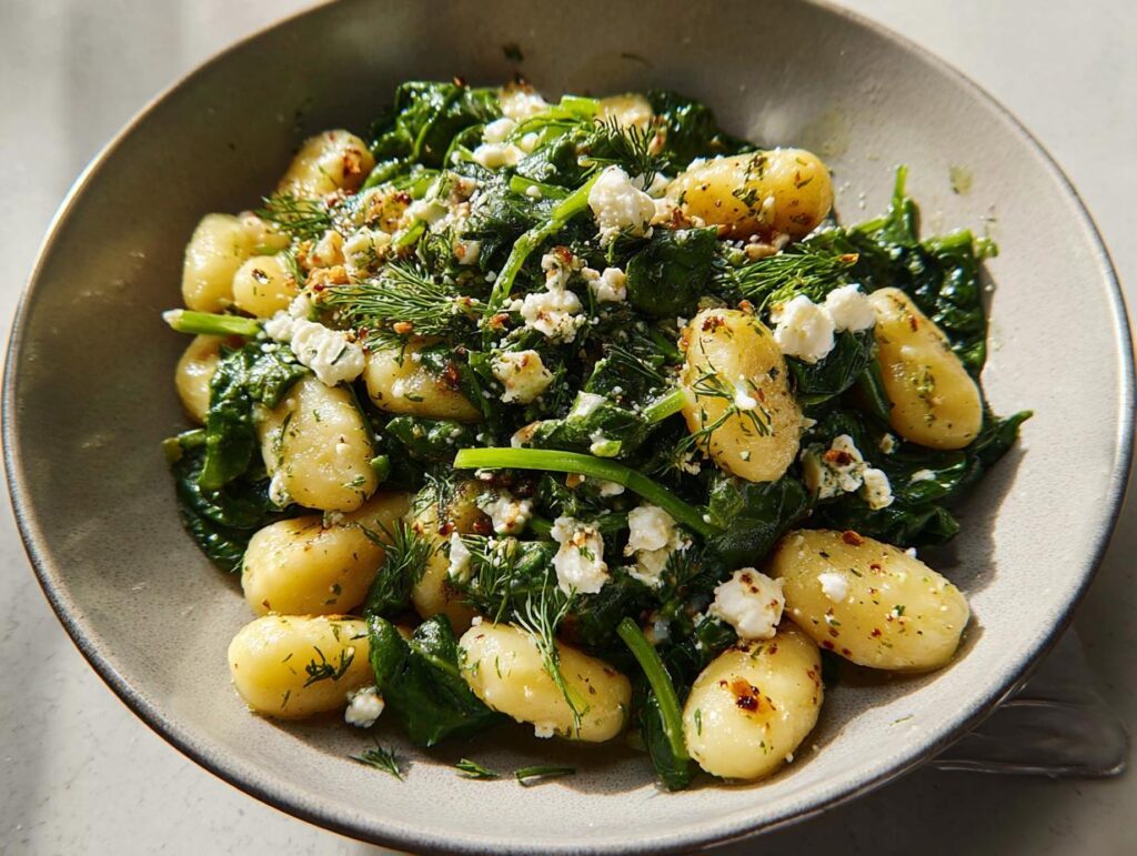 A close-up of creamy gnocchi with wilted spinach and crumbled feta cheese, garnished with fresh dill.