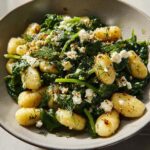 A close-up of creamy gnocchi with wilted spinach and crumbled feta cheese, garnished with fresh dill.