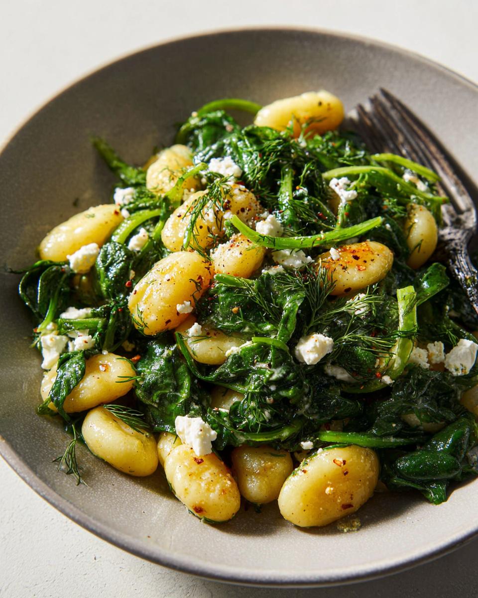 A close-up of creamy gnocchi with spinach and feta, garnished with fresh dill and red pepper flakes.