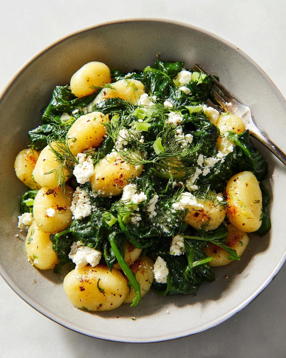 A close-up of a bowl filled with Creamy Gnocchi with Spinach and Feta, topped with fresh dill.