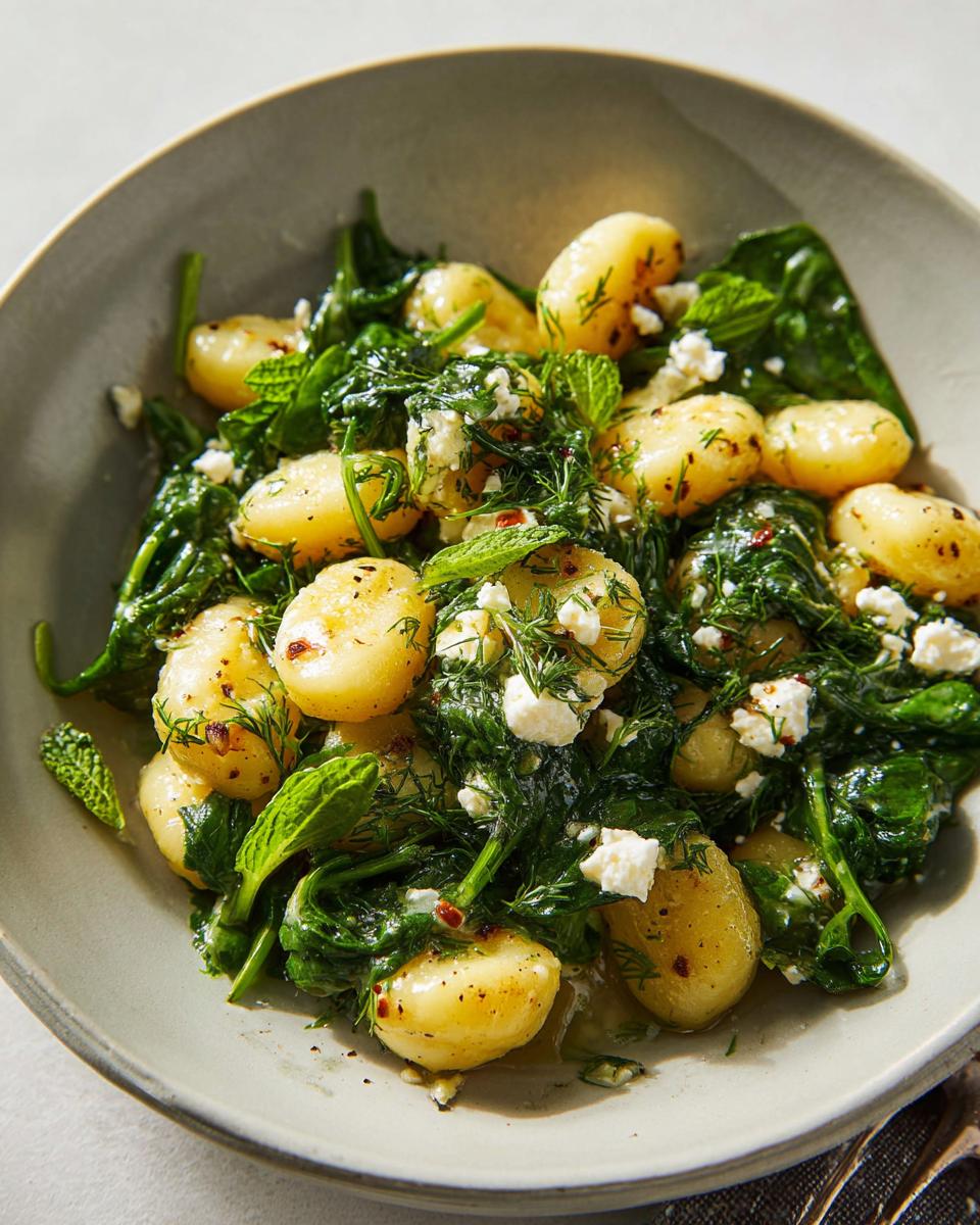 A close-up of creamy gnocchi with spinach and feta, garnished with fresh dill and mint.