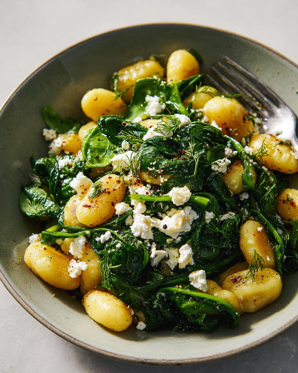 A close-up of Creamy Gnocchi with Spinach and Feta, topped with crumbled feta cheese and fresh dill.