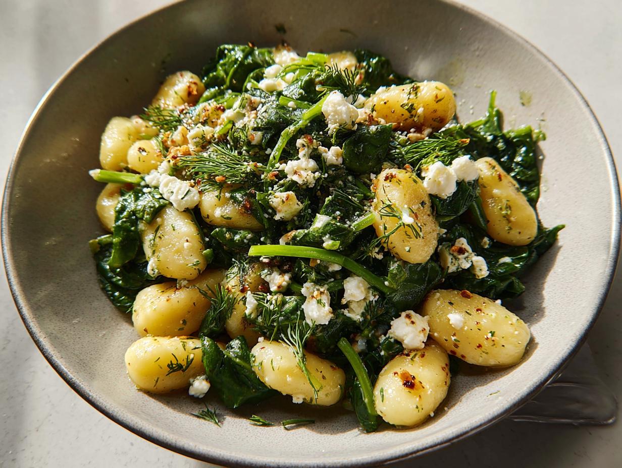 A close-up of creamy gnocchi with wilted spinach and crumbled feta cheese, garnished with fresh dill.