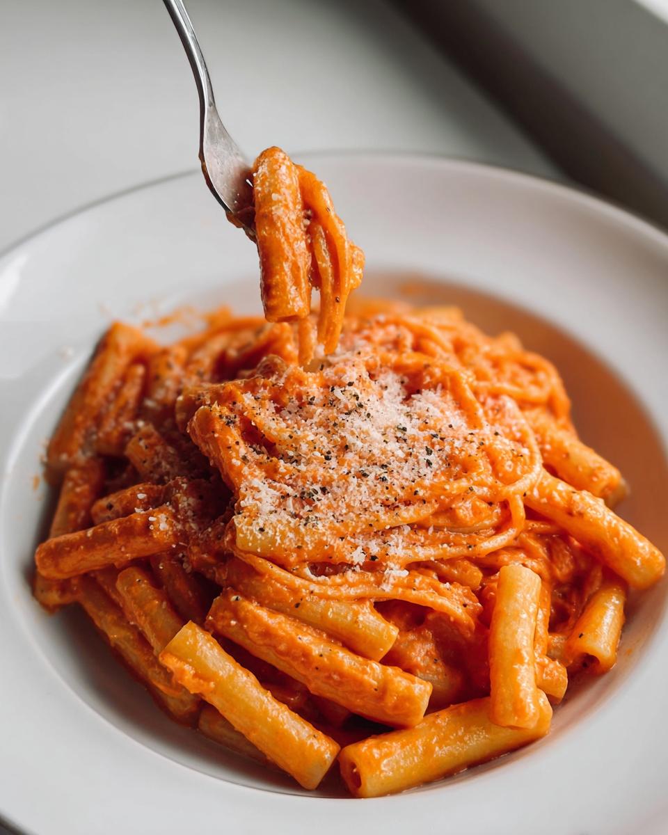 A fork lifting a portion of creamy tomato garlic pasta, topped with grated Parmesan cheese and black pepper.