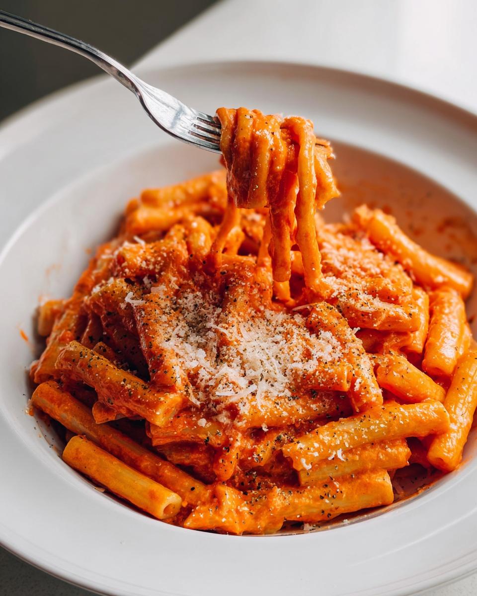 A fork lifting a portion of creamy tomato garlic pasta, topped with grated cheese and black pepper.