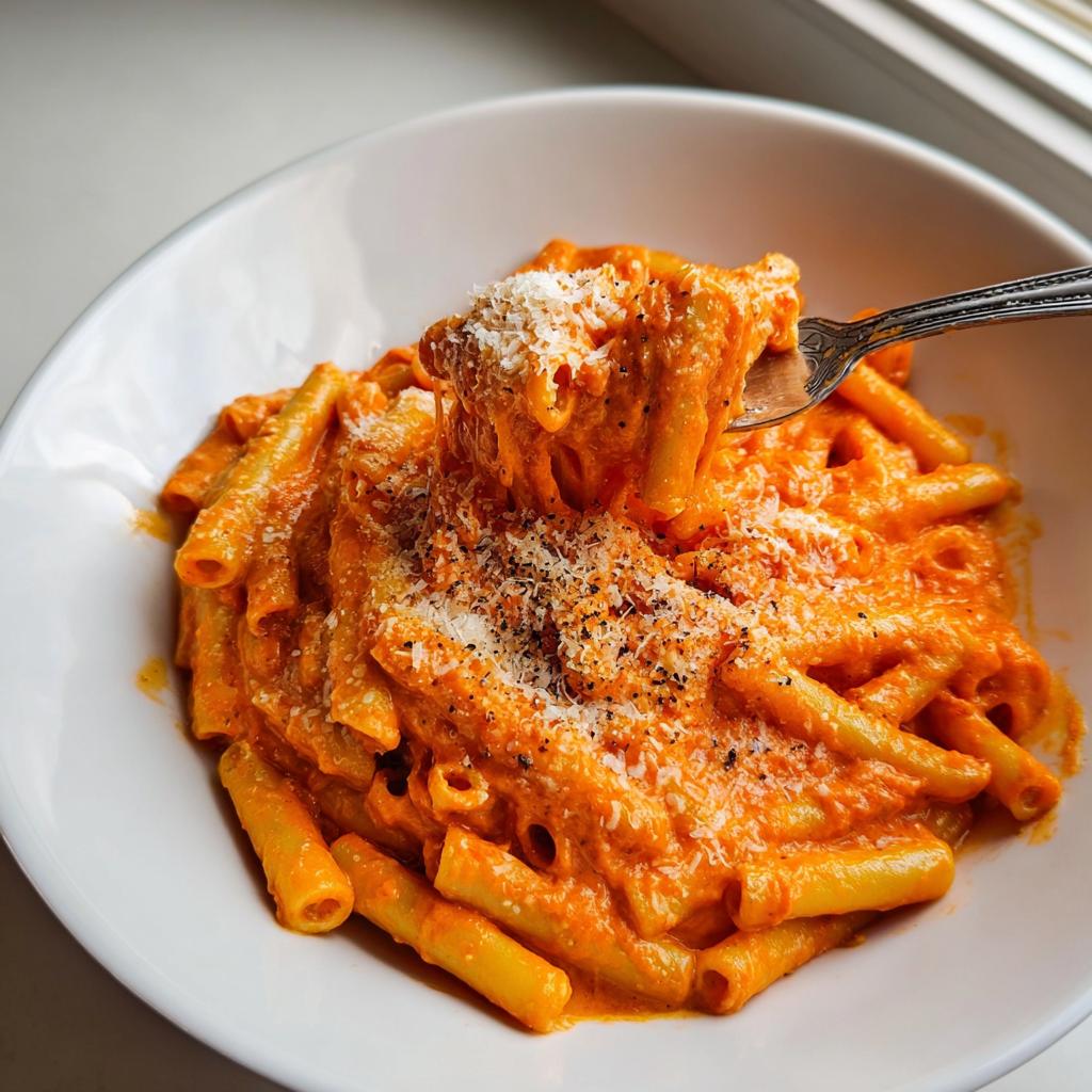 A fork lifting a portion of creamy tomato garlic pasta, topped with grated Parmesan cheese.