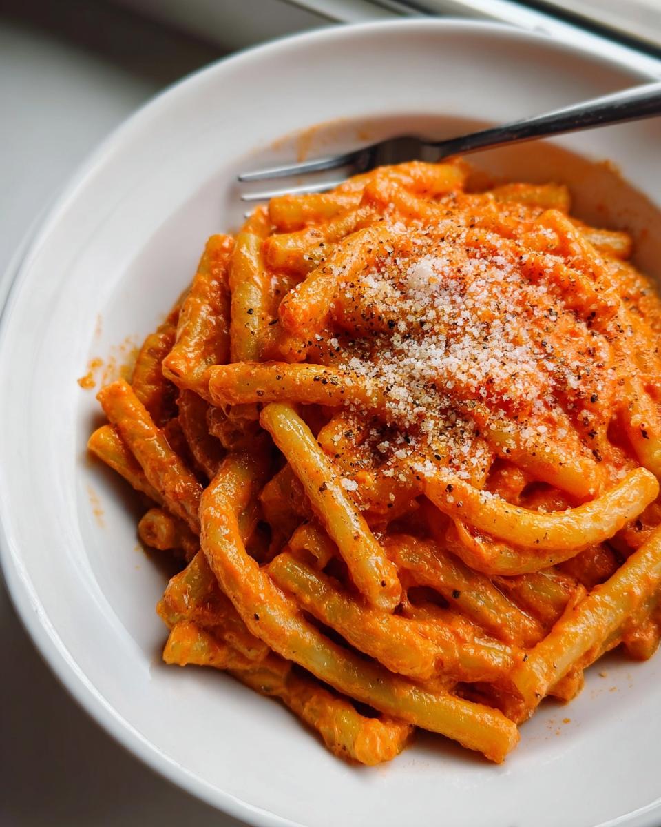 A close-up of a white bowl filled with creamy tomato garlic pasta, topped with grated cheese and black pepper.