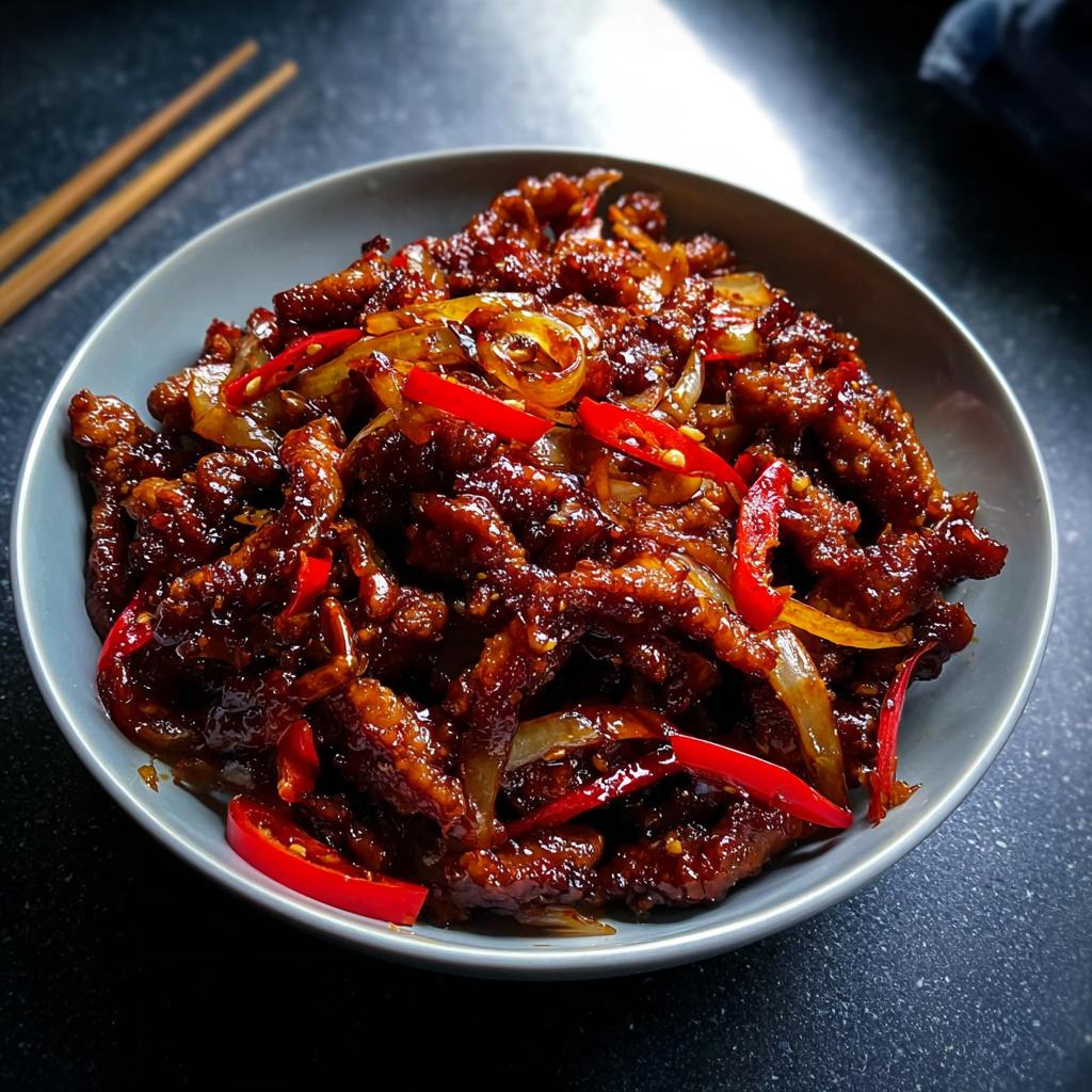 A close-up of a bowl of Crispy Chilli Beef Rice, featuring glossy beef strips with red chili slices and onions.