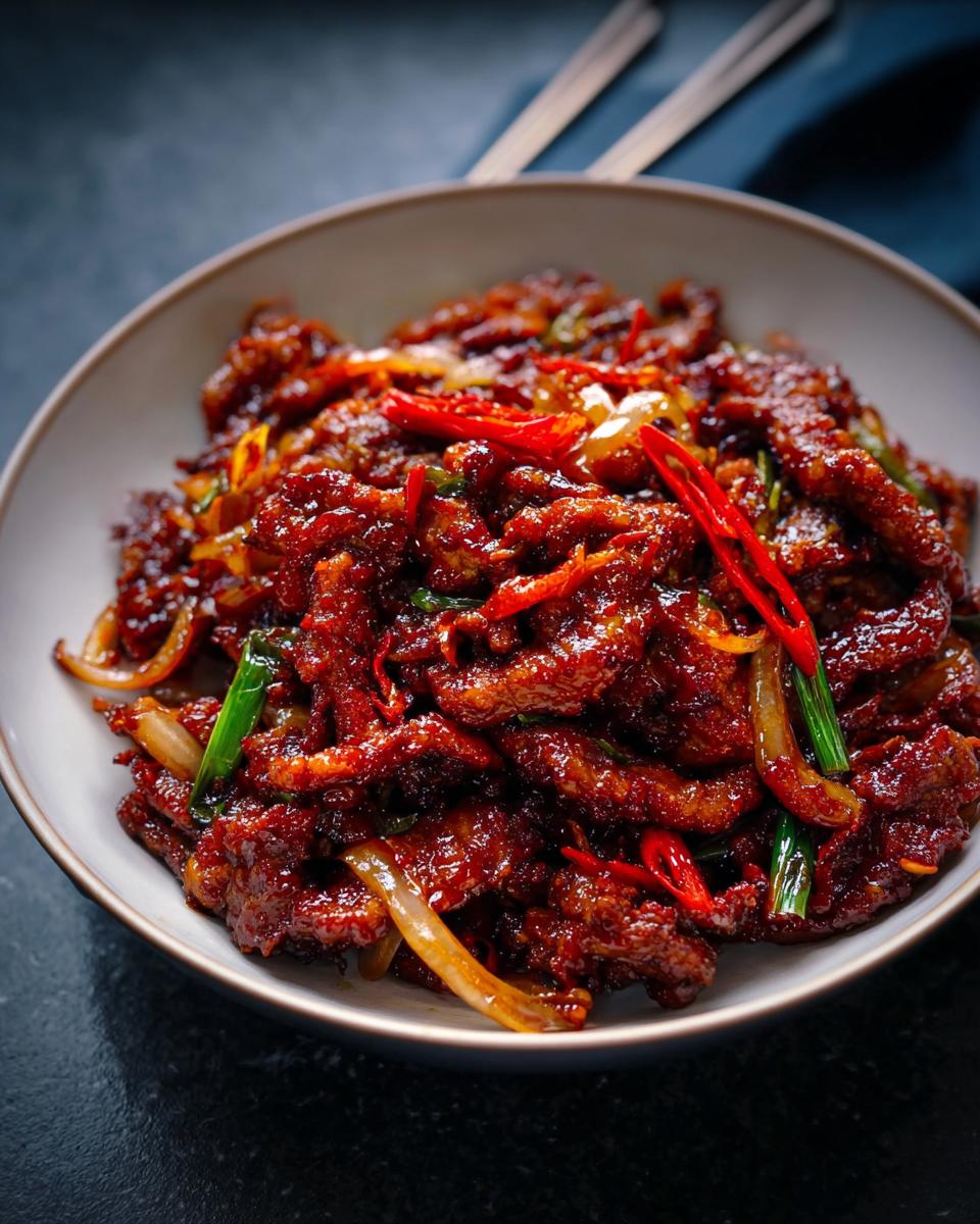 A close-up of a bowl of Crispy Chilli Beef Rice, featuring tender beef strips coated in a glossy sauce with sliced red chilies and onions.