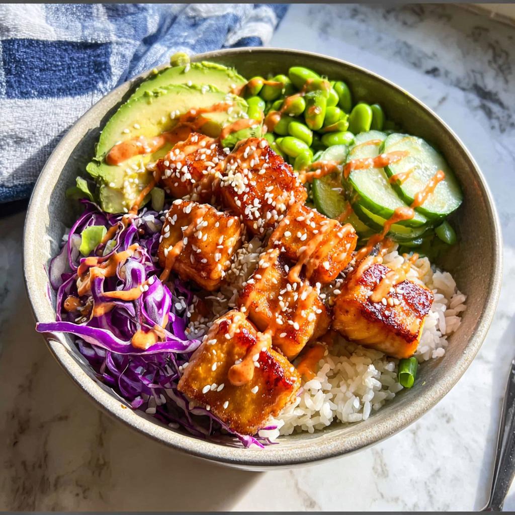 A close-up of a Crispy Salmon and Rice Bowl featuring perfectly cooked salmon pieces, white rice, avocado, edamame, cucumber, and red cabbage.