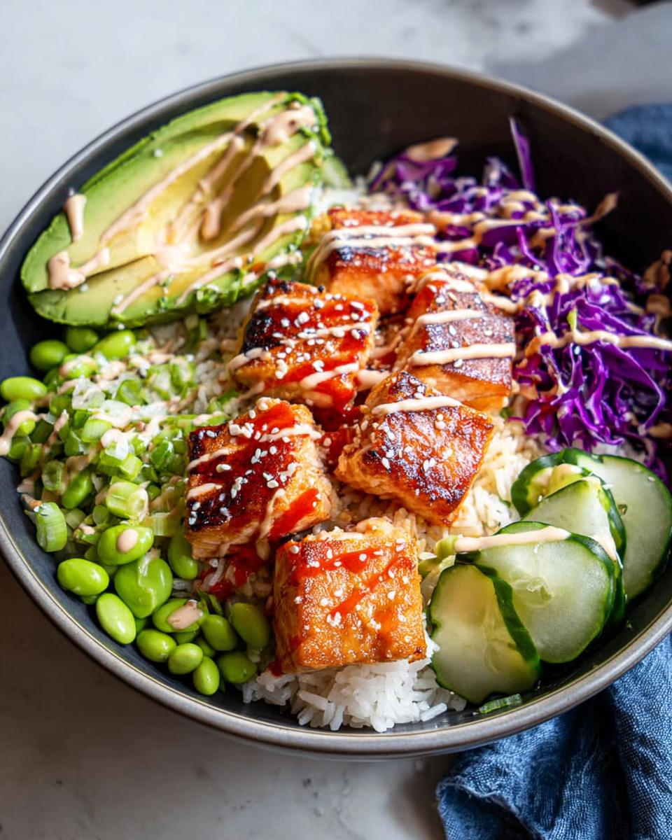A close-up of a Crispy Salmon and Rice Bowl featuring perfectly cooked salmon, creamy avocado, edamame, red cabbage, and cucumber slices.