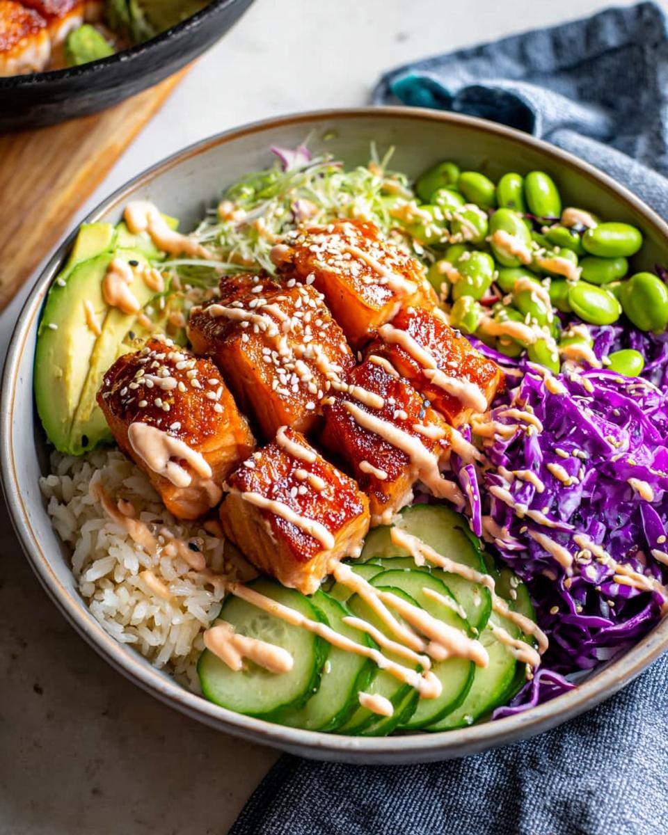 A vibrant Crispy Salmon and Rice Bowl featuring glazed salmon pieces, avocado, edamame, red cabbage, cucumber, and a drizzle of sauce.