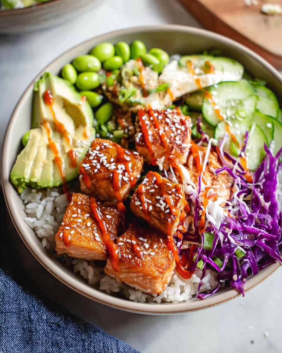 A vibrant Crispy Salmon and Rice Bowl featuring glazed salmon pieces, white rice, avocado, edamame, cucumber, and red cabbage.