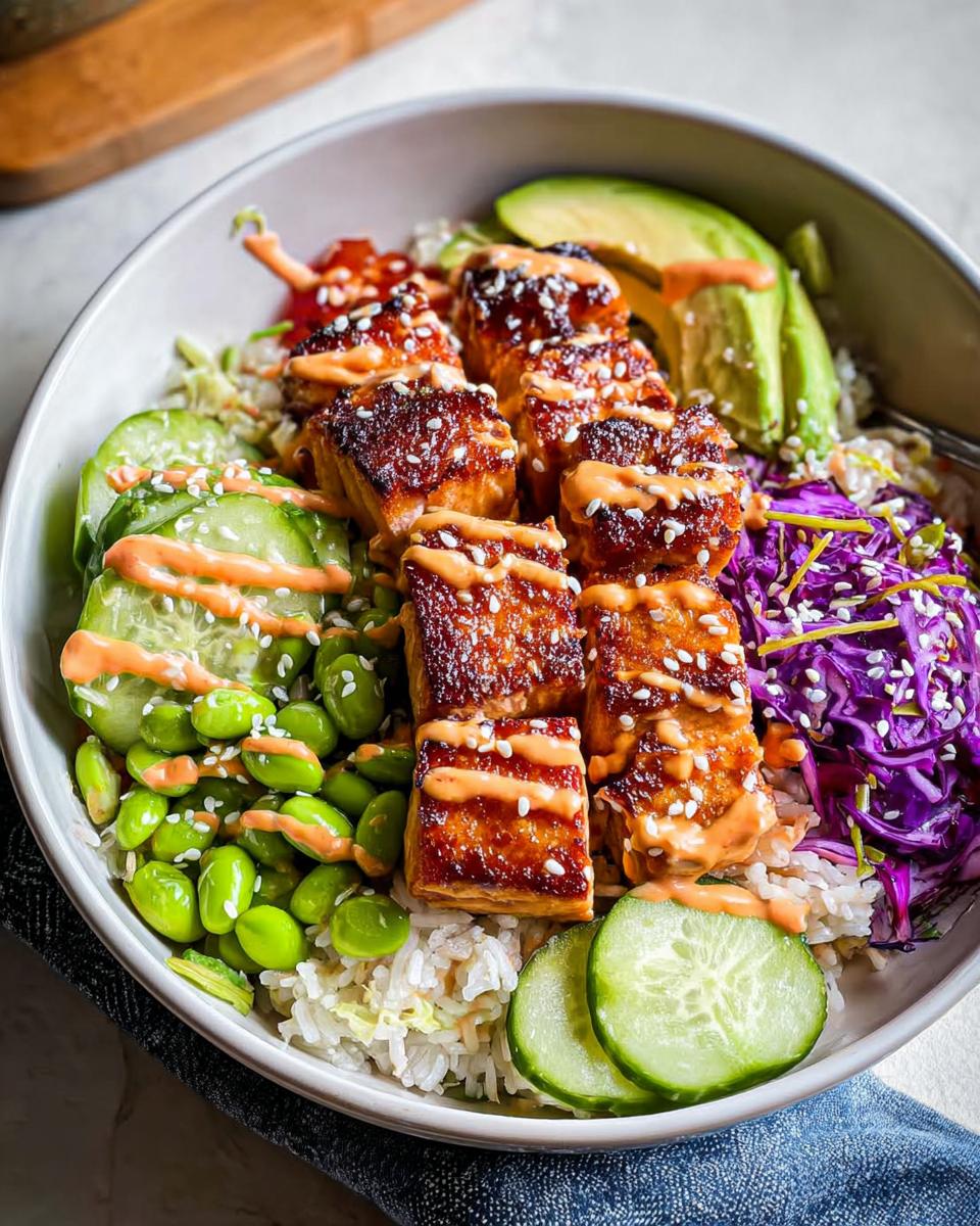 A delicious Crispy Salmon and Rice Bowl filled with rice, edamame, cucumber, avocado, and red cabbage, drizzled with sauce.
