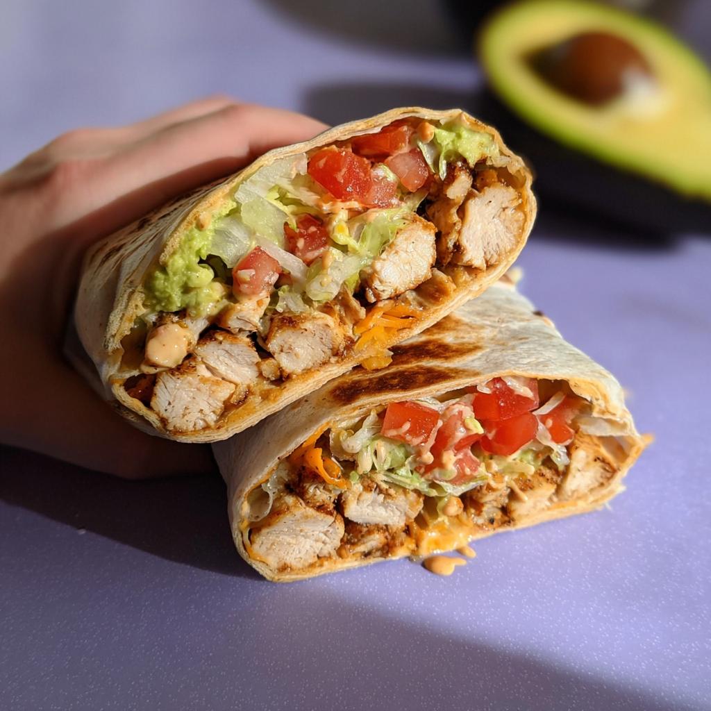 A delicious Easy Chipotle Ranch Grilled Chicken Burrito cut in half, showing grilled chicken, avocado, tomatoes, lettuce, and cheese.