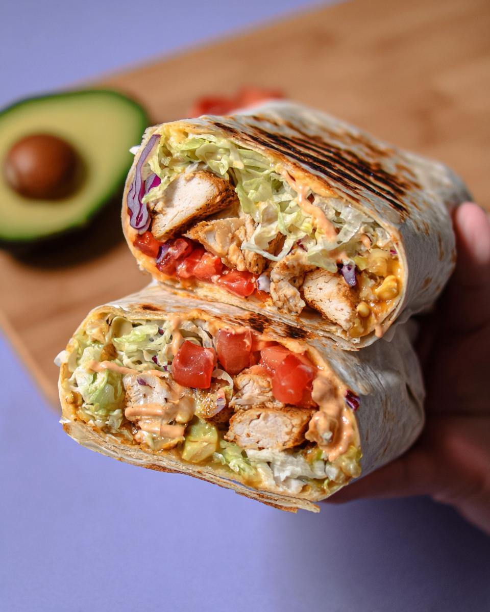 A delicious Easy Chipotle Ranch Grilled Chicken Burrito, cut in half, showcasing grilled chicken, lettuce, tomatoes, and creamy sauce.