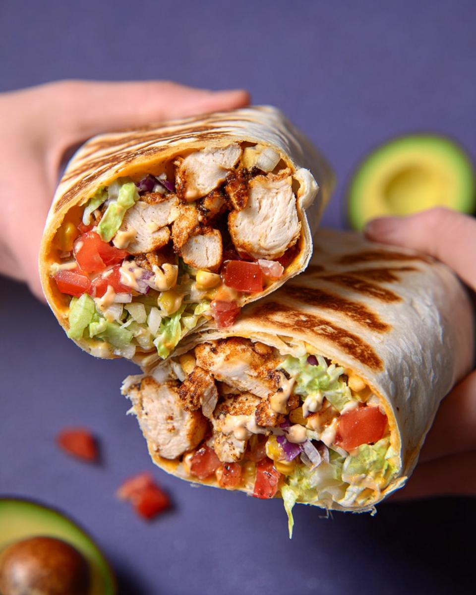 A halved Easy Chipotle Ranch Grilled Chicken Burrito showing grilled chicken, lettuce, tomato, corn, and creamy sauce.