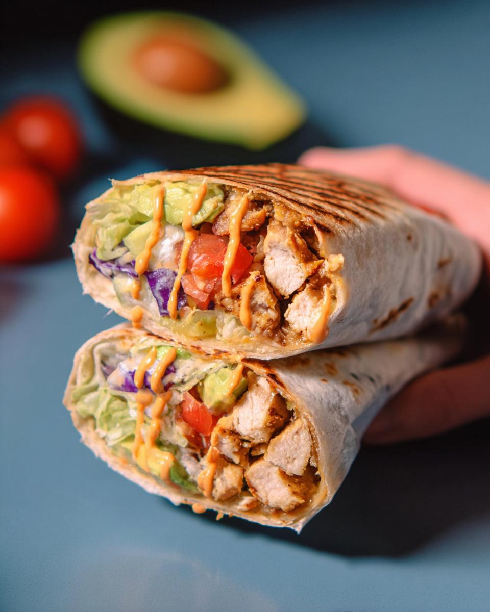 Close-up of an Easy Chipotle Ranch Grilled Chicken Burrito, sliced in half, showing chicken, avocado, lettuce, tomato, and sauce.