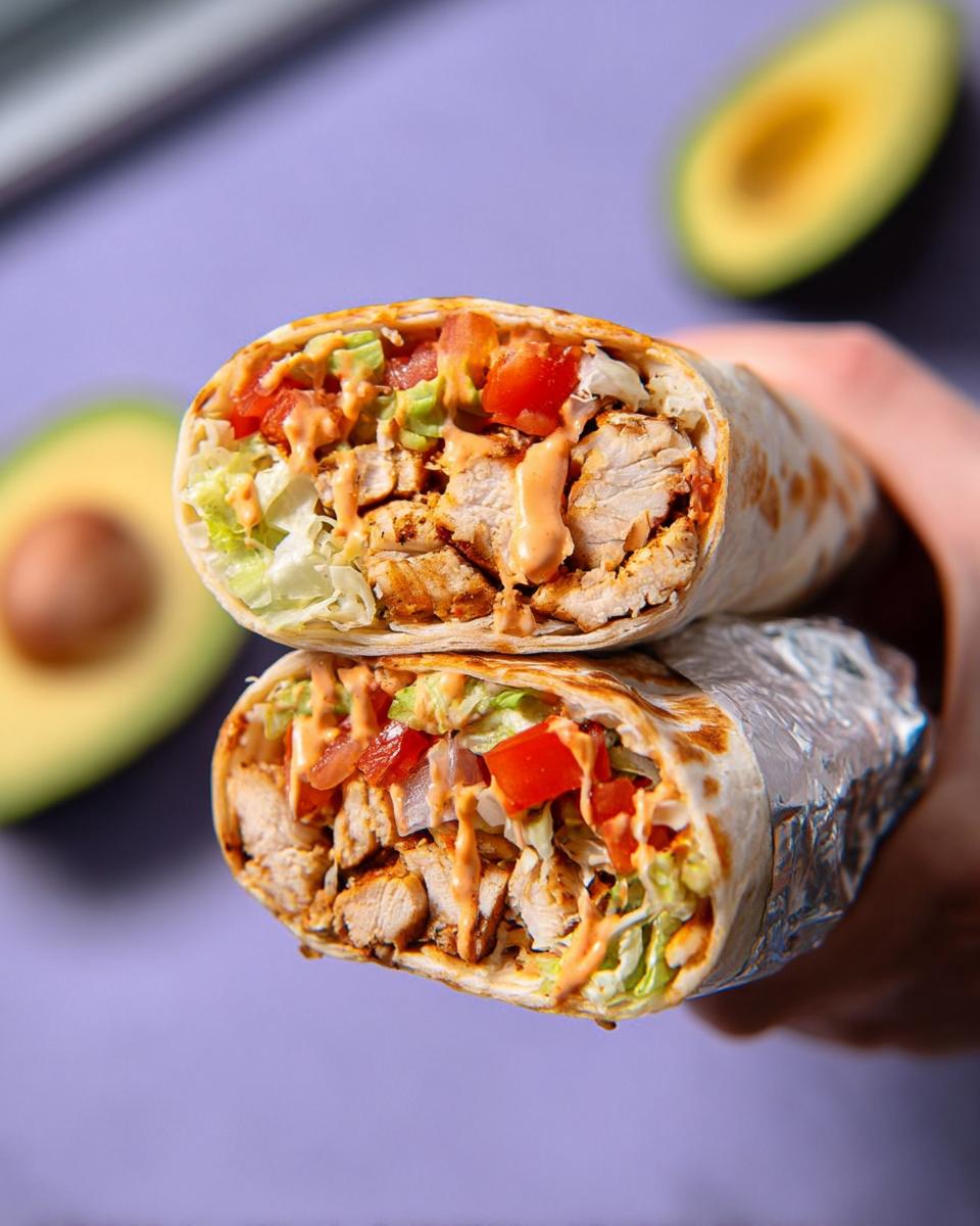 Close-up of an Easy Chipotle Ranch Grilled Chicken Burrito, cut in half, showing grilled chicken, lettuce, tomato, and sauce.