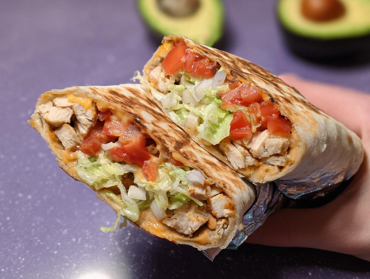 A cross-section of an Easy Chipotle Ranch Grilled Chicken Burrito, showing grilled chicken, lettuce, tomato, cheese, and sauce.