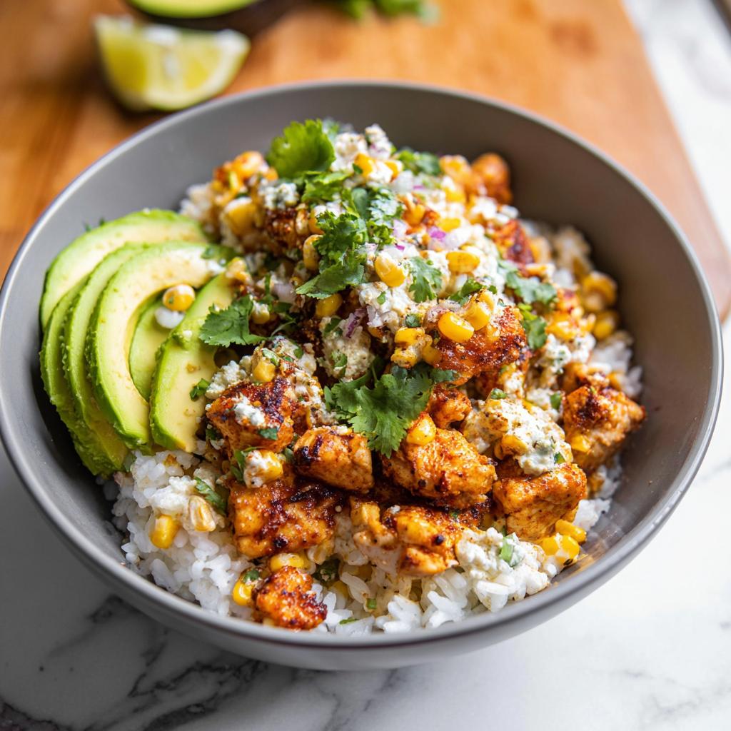 A close-up of an Easy Street Corn Chicken Bowl with rice, seasoned chicken, corn, avocado slices, and cilantro.