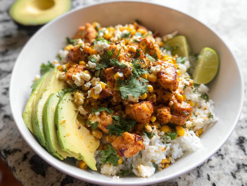A vibrant Easy Street Corn Chicken Bowl topped with crumbled cheese, cilantro, and served with sliced avocado and lime wedges.