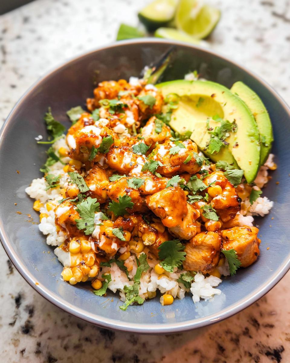 A close-up of an Easy Street Corn Chicken Bowl featuring rice, seasoned chicken, corn, avocado slices, and cilantro.