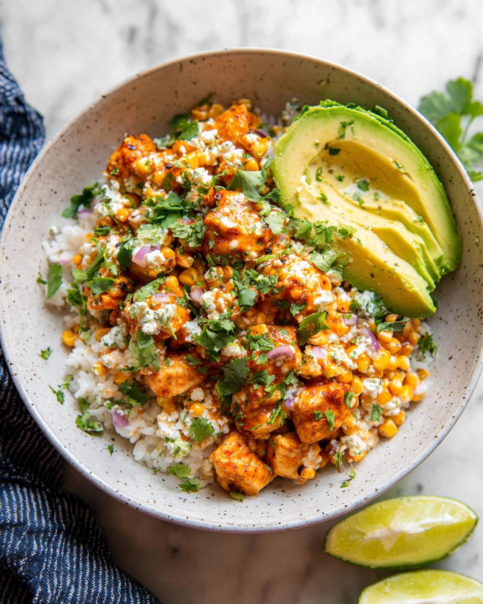 A vibrant Easy Street Corn Chicken Bowl with rice, seasoned chicken, corn, avocado slices, and cilantro.