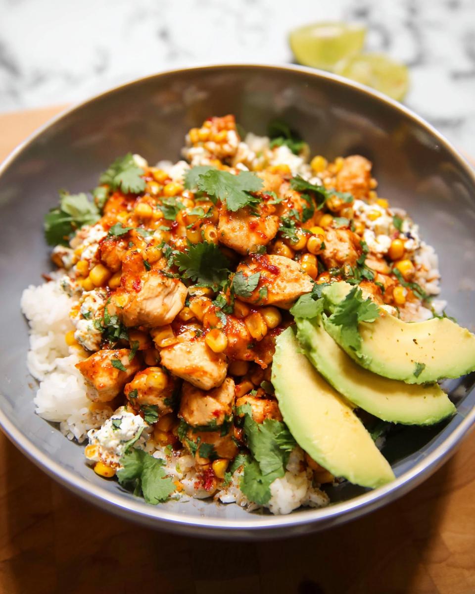 A close-up of an Easy Street Corn Chicken Bowl featuring rice, seasoned chicken, corn, crumbled cheese, and sliced avocado.