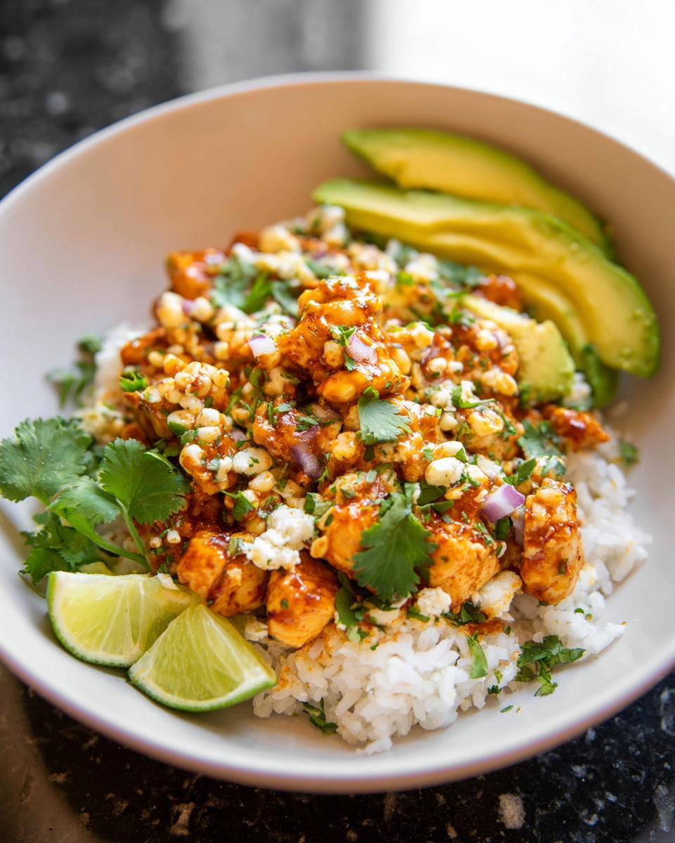 A close-up of an Easy Street Corn Chicken Bowl, featuring rice topped with seasoned chicken, corn, crumbled cheese, cilantro, avocado slices, and lime wedges.