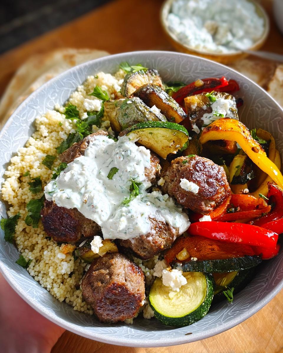 A vibrant Greek Meatball Bowl featuring couscous, juicy meatballs, roasted zucchini, bell peppers, and a dollop of tzatziki sauce.