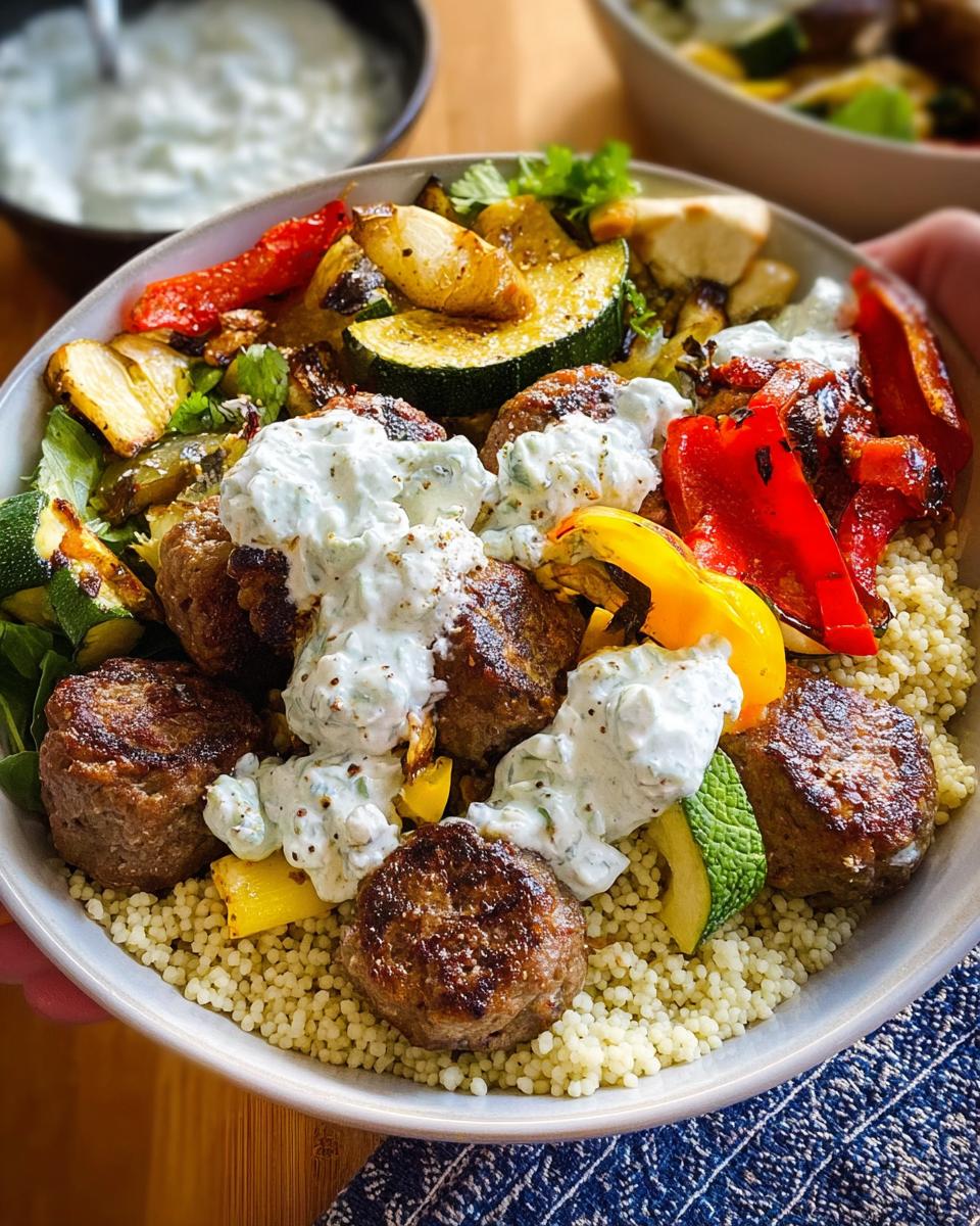 A vibrant Greek Meatball Bowl Recipe with seasoned meatballs, couscous, roasted vegetables, and a dollop of tzatziki sauce.