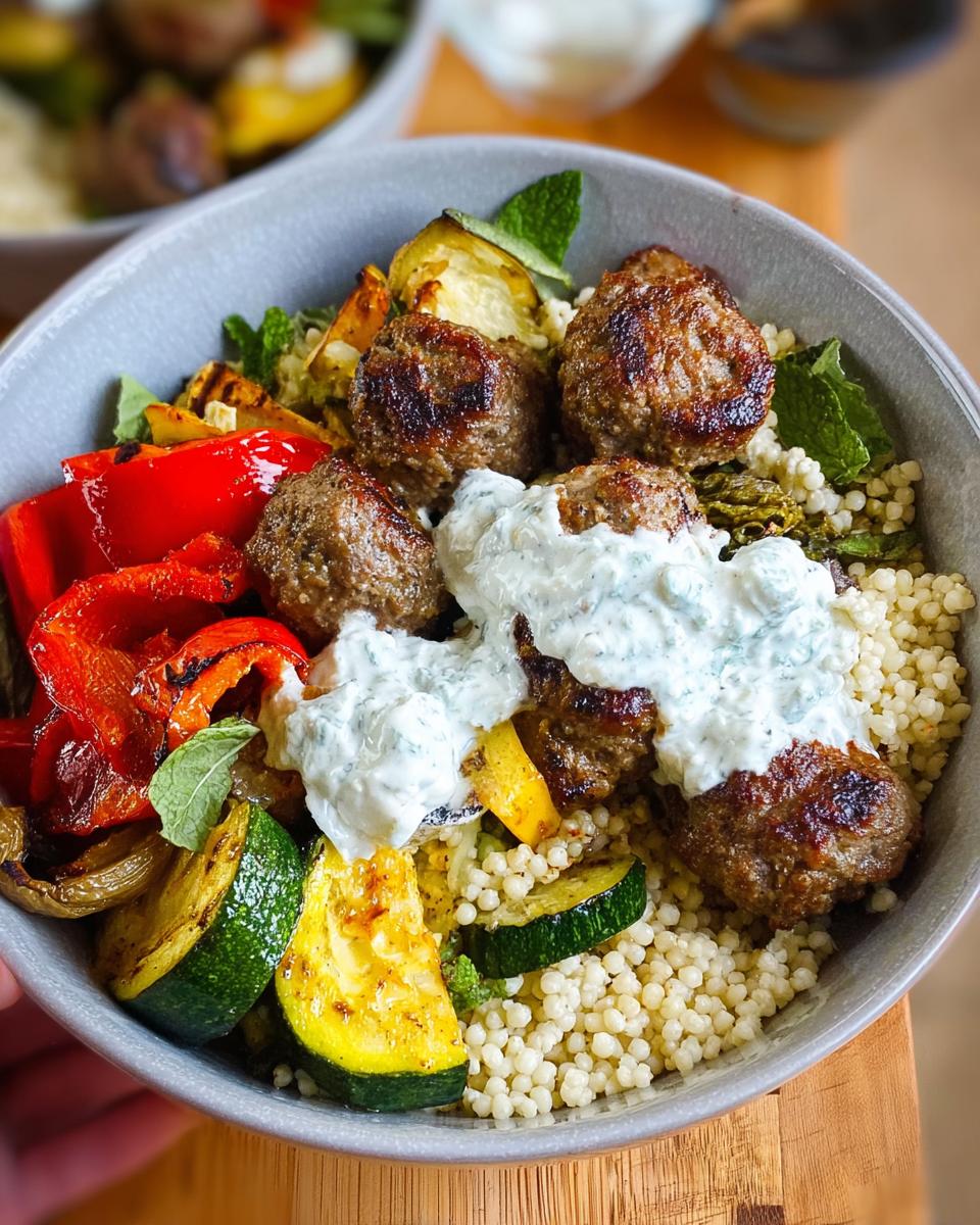 A close-up of a Greek Meatball Bowl Recipe with grilled meatballs, roasted vegetables, couscous, and tzatziki sauce.