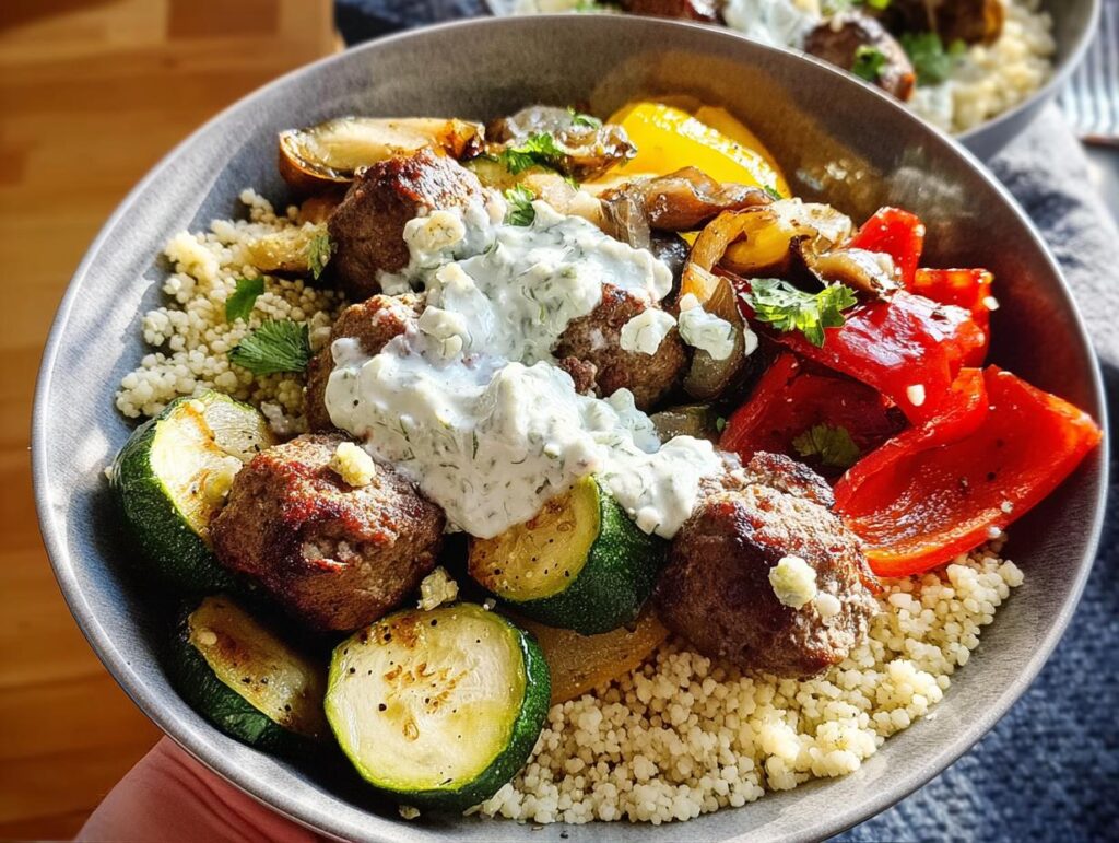 A close-up of a Greek Meatball Bowl featuring tender meatballs, couscous, grilled zucchini, bell peppers, and a creamy tzatziki sauce.