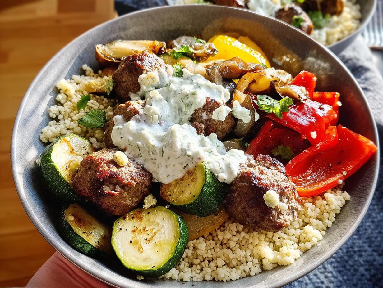 A close-up of a Greek Meatball Bowl featuring tender meatballs, couscous, grilled zucchini, bell peppers, and a creamy tzatziki sauce.