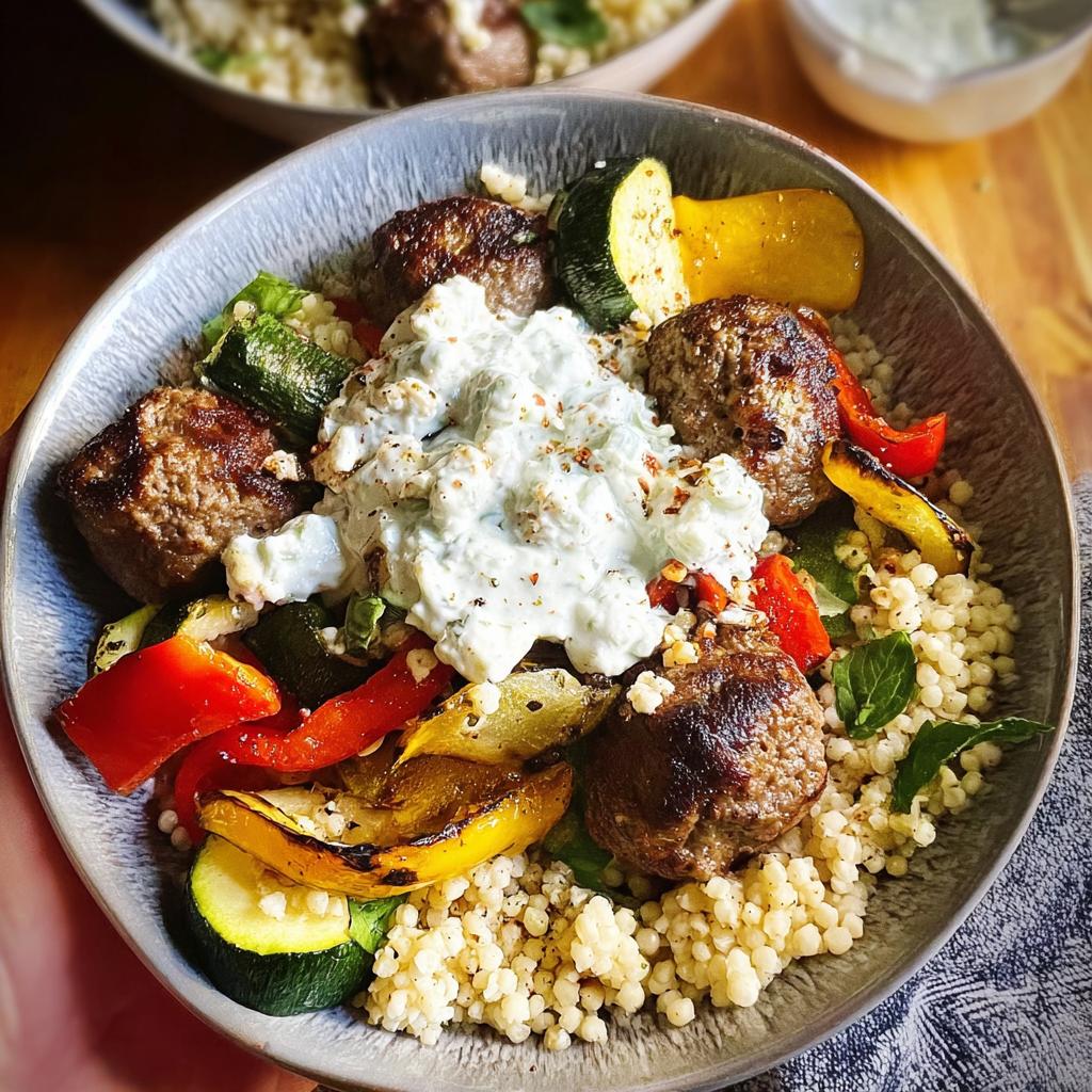 A vibrant Greek Meatball Bowl with couscous, grilled vegetables, and a dollop of tzatziki sauce.